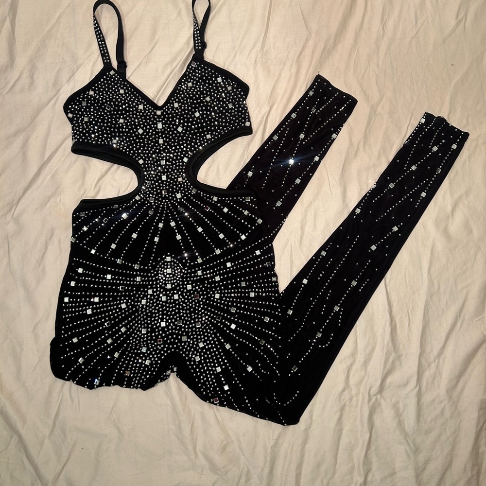 Black Rhinestone Cutout Jumpsuit